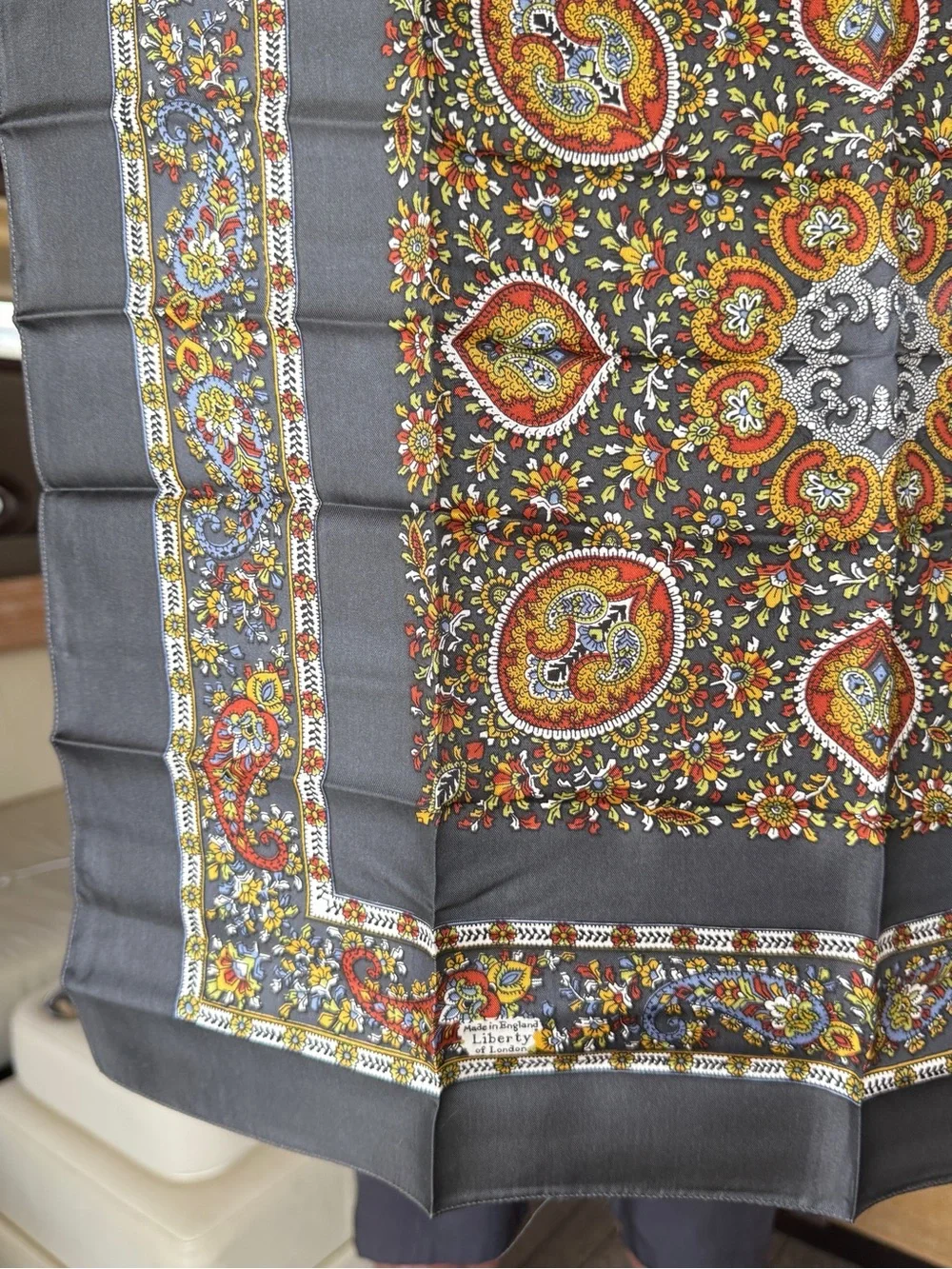 Liberty of London Gray Paisley Floral Vintage Scarf with Colorful Accents
